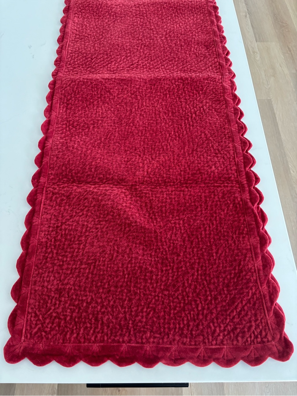 Williams Sonoma Red Velvet Table Runner with Scalloped Edge